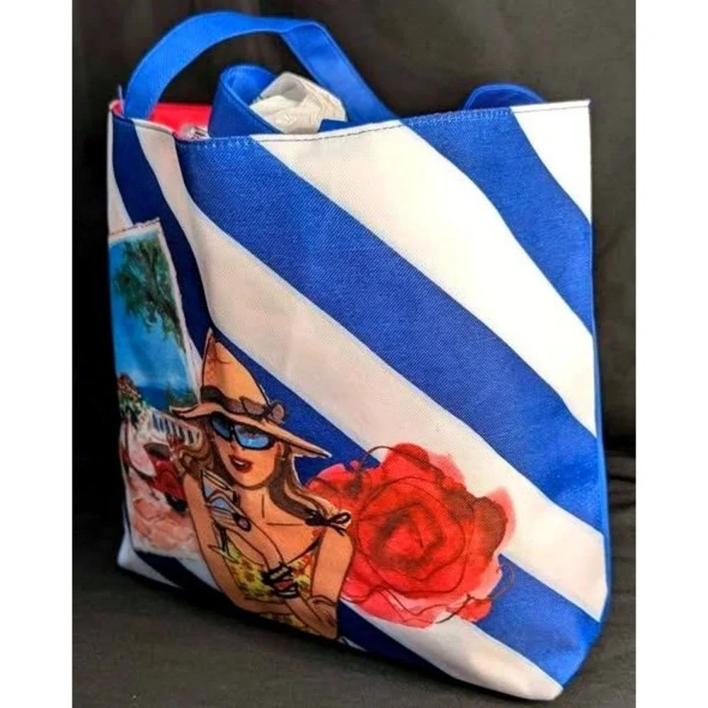 NWOT Lancôme Paris Beach Tote Bag~Canvas Blue/White Striped Vespa Girl Vaca Chic